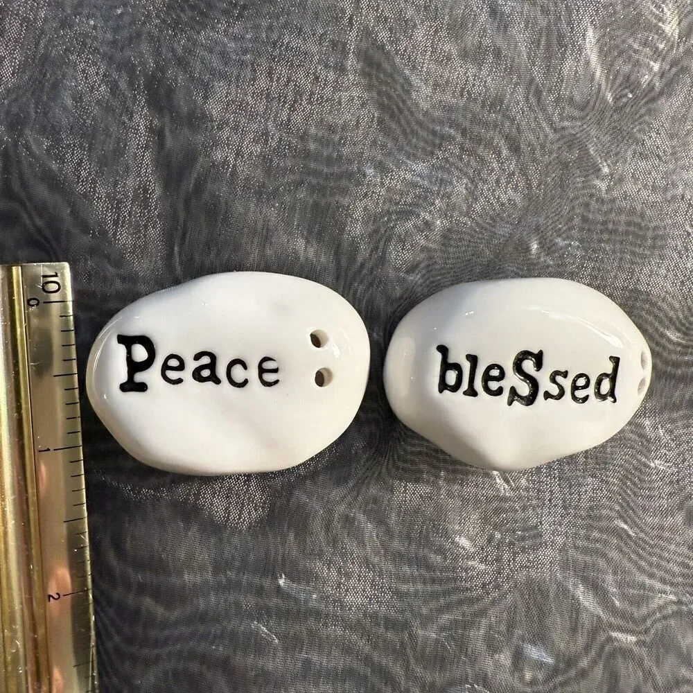 PS Peace Blessed Mini Salt & Pepper Shakers Religious Themed Minimalist White 2”